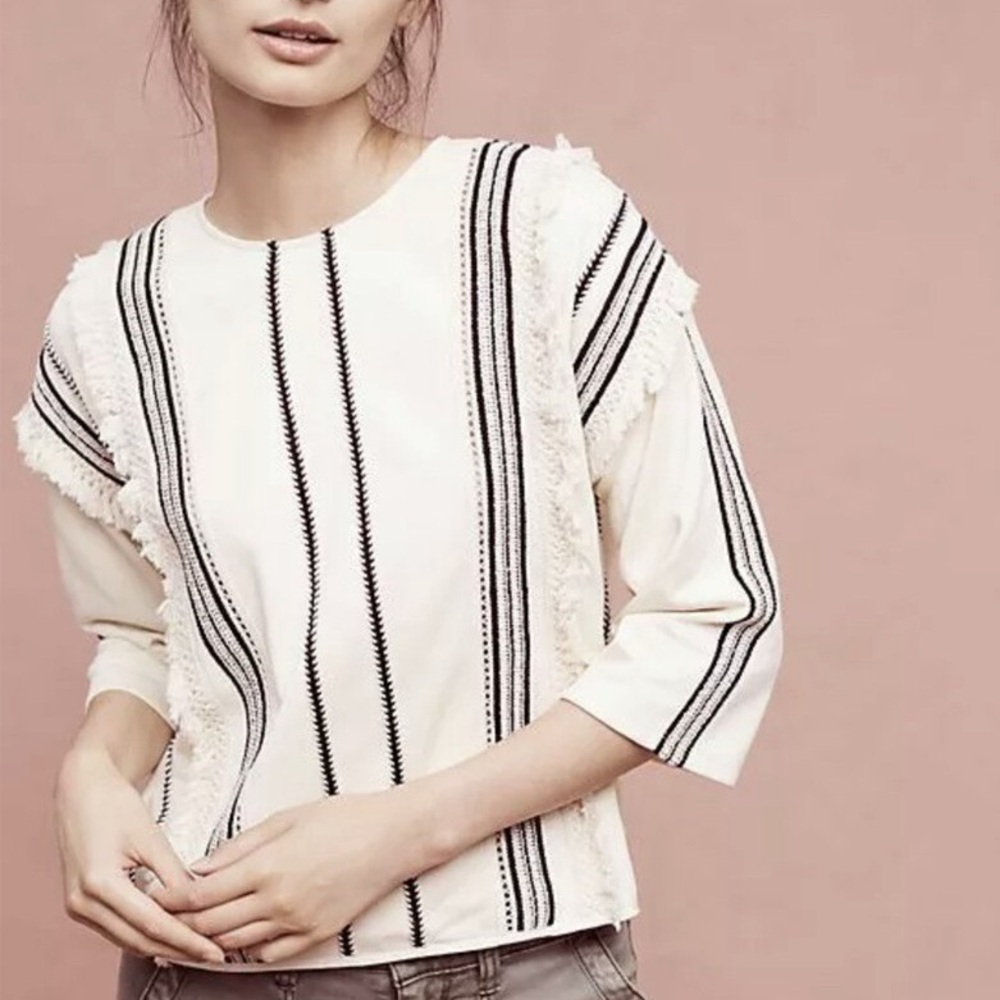 Eri + Ali Anthro Santillana Boxy Fringe Blouse Top Cream Black Anthropologie XS